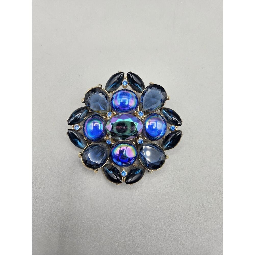 Vintage Bermuda Blue Heliotrope Oil Slick Rousseau Brooch Foil Backed Rhinestone